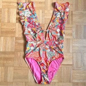 Beth Richards, Sophia One Piece Plunge Neck Ruffle Swimsuit, Orange Pink Small